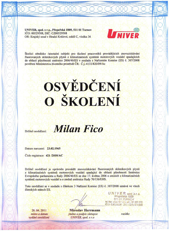 LB Automobile Osvědčení o školení Univer