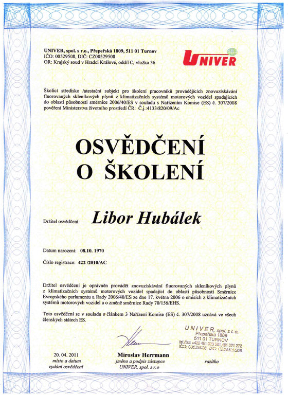 LB Automobile Osvědčení o školení Univer